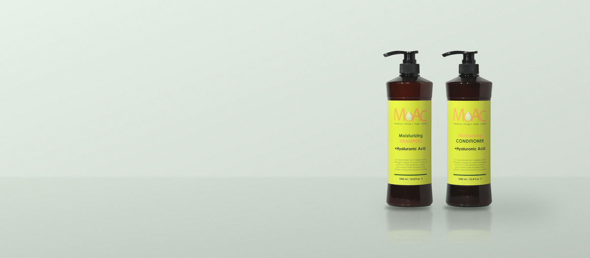 MOAC Moisturizing Shampoo and Conditioner on a soft sage background